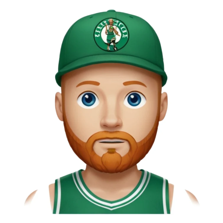 Bald white man with ginger beard, blue eyes in Tatum Boston Celtics basketball jersey. Show front of basketball Jersey and Boston Celtics basketball logo on cap sticker