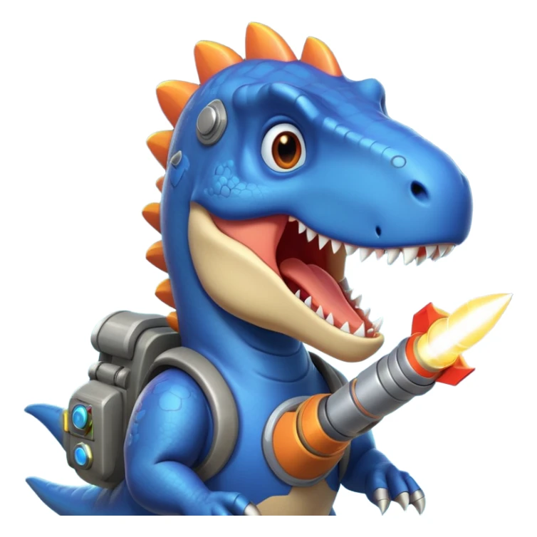 rocket-propelled dinosaur portrait, head and shoulders only, cute T-rex face, rocket pack visible behind shoulders, glowing thrusters, 3D cartoon, mobile game icon style, clean background, no text, no watermark sticker