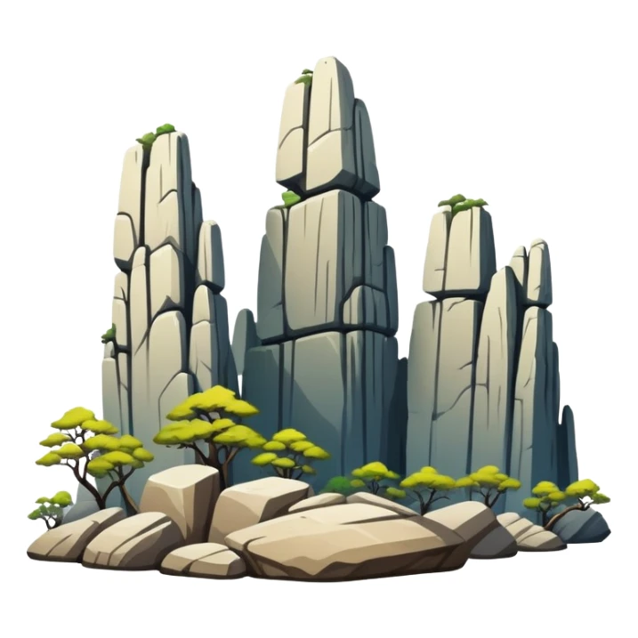 Kunming Stone Forest karst landscape Yunnan, simplified emoji style with bold outlines and bright colors, cartoon style tall rock formations sticker