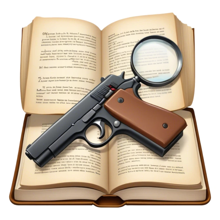 Icon for Action & Crime Reading: an open book with action-packed scenes on the pages, including detectives, chase scenes, and suspenseful moments. Add a gun, handcuffs, and a magnifying glass, while keeping the book as the main focus. Transparent background. sticker