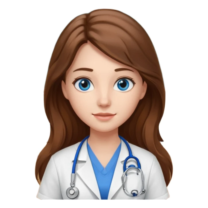 inside a classroom at university, a pretty female nursing student with long brown hair, blue eyes sticker