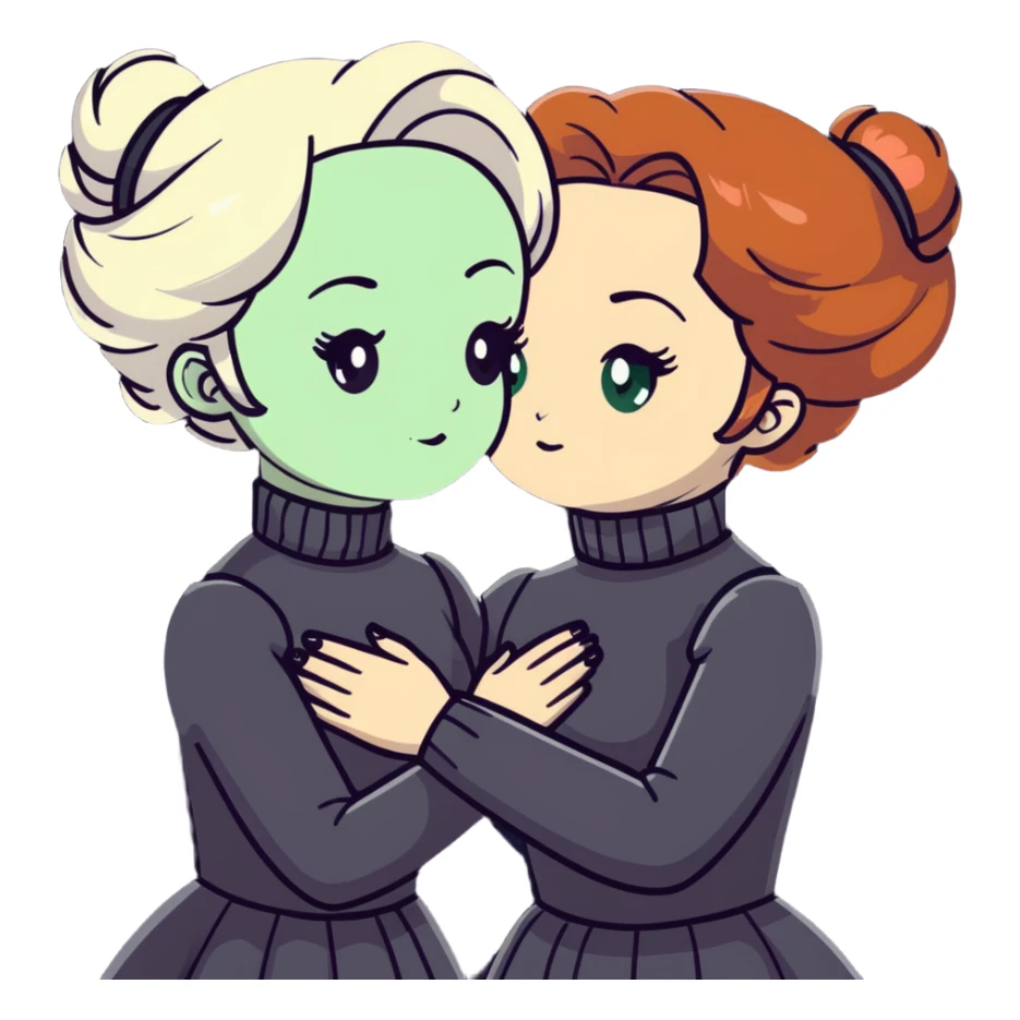 Two Victorian women with light green eyes embracing sadly. One has bright white coiffed hair, the other has dark copper coiffed hair. Both wearing Victorian turtleneck dresses, hugging tightly sticker