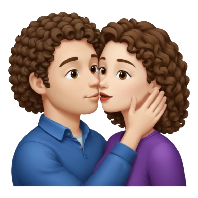 A couple kissing, the man would be white-skinned, short-curly, brown-haired. The serious woman with white skin, long hair and brown color sticker