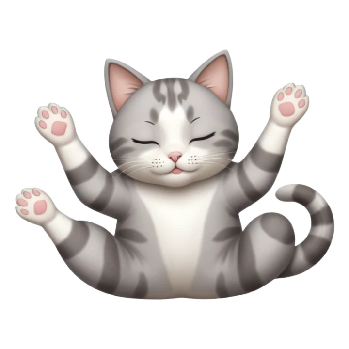 grey and white small cat eyes with closed lying down upside down with paws stretched out straight in different directions sticker