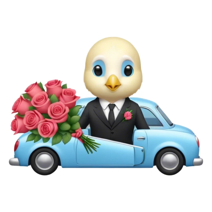 cute budgie in a car in a suit holding roses bouquet sticker