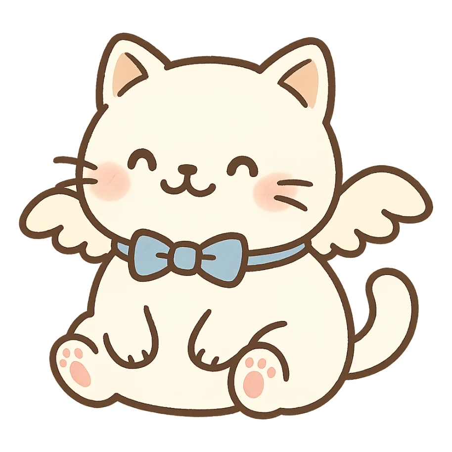 Add small angel wings to the cute chubby cat with a blue bow, white fur, tiny paws, and a smiling face. Keep the background transparent. The style should match the original image's look. sticker