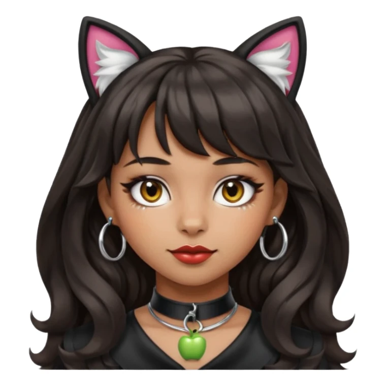 Add bangs to the hairstyle while keeping the silver O-ring collar, bold makeup, medium Hispanic skin tone, long dark wavy hair, and cat ears in apple emoji style. sticker