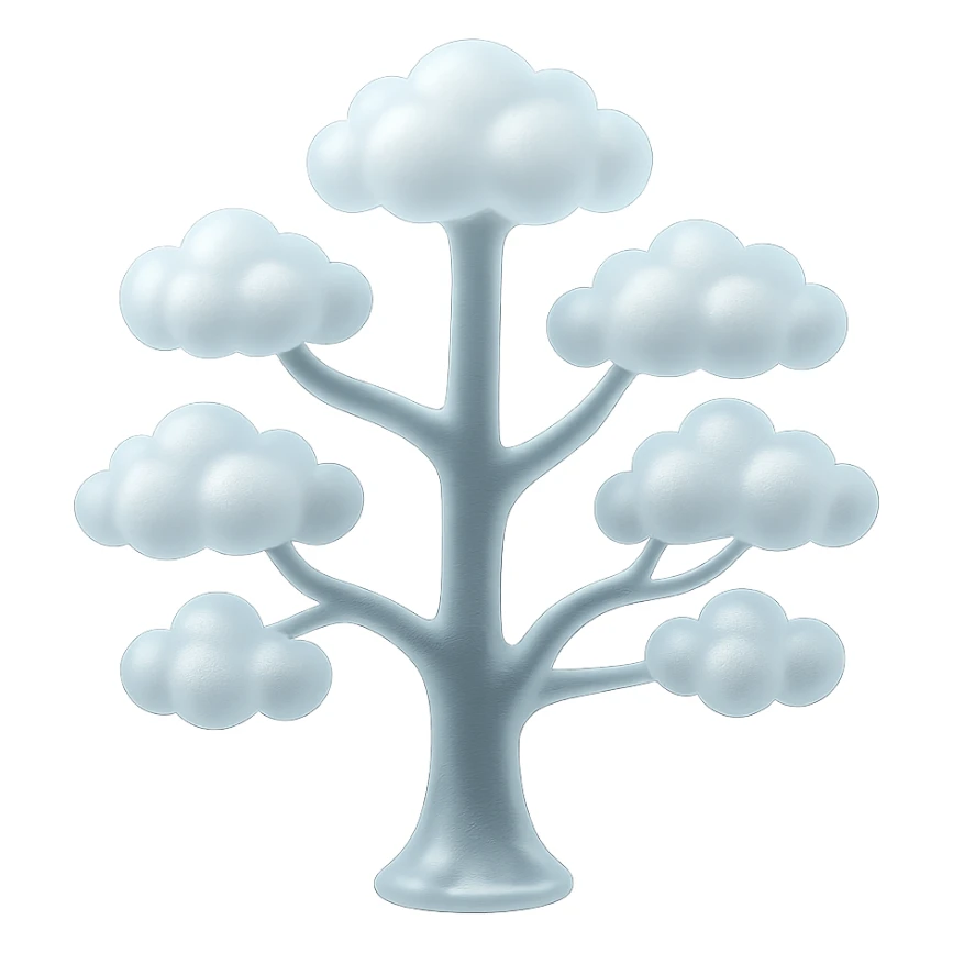 one tree with many branches, each branch covered with small, very bright white, saturated color, fluffy convex clouds, matte glass style, transparent background sticker