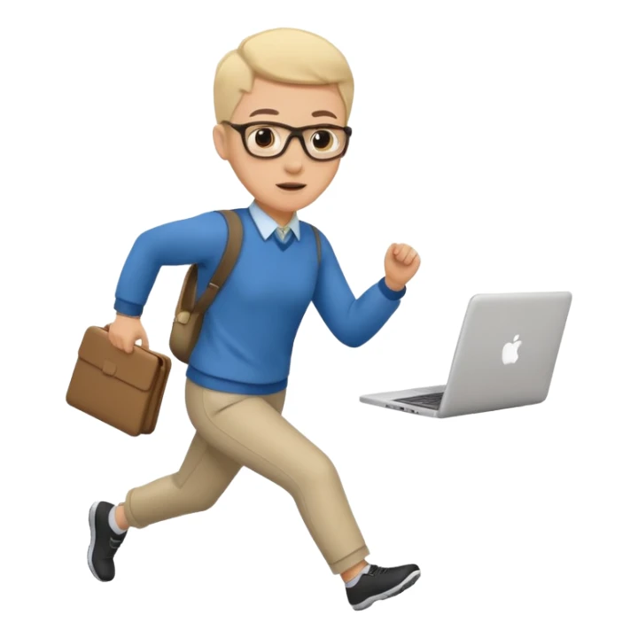 teacher running holding a laptop children following sticker