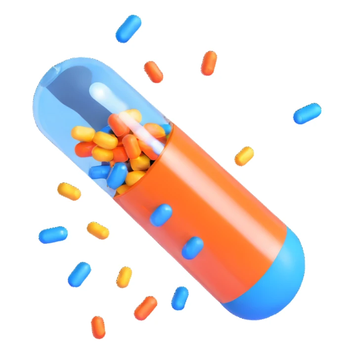 playful 3D celebration emoji with a glossy orange and blue medical capsule split open with shiny, multicolored confetti bursting out, capsule floating, confetti suspended, high-quality 3D style sticker