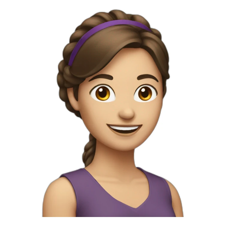 middle length hair brunette woman smiling with headband at computer sticker