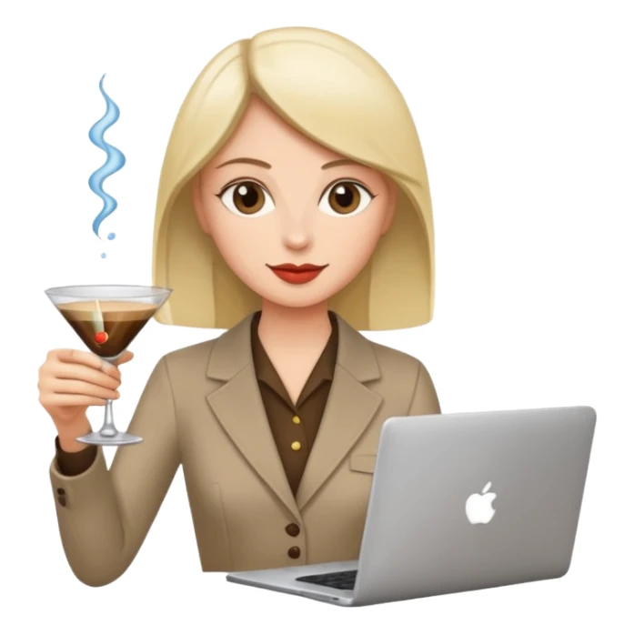 Woman holding martini and coffee with laptop sticker