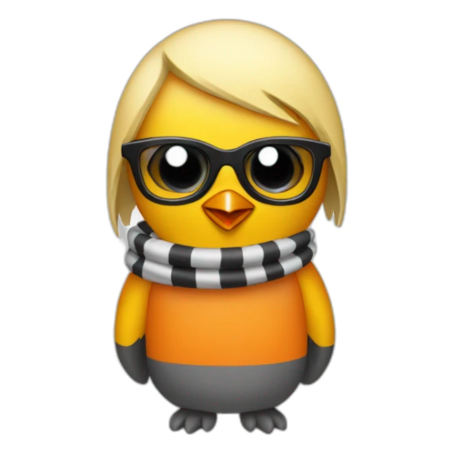 yellow penguin with black glasses blonde hair with orange tshirt and gray striped scarf sticker