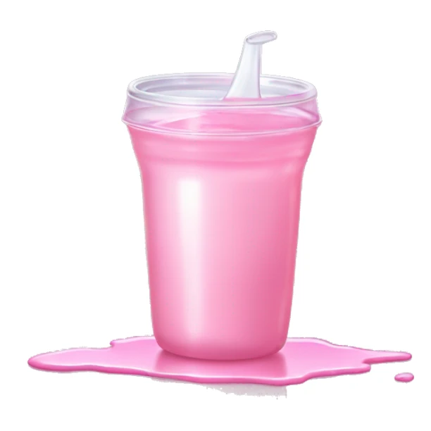 spilled sippy cup with pastel pink liquid and a distorted reflection sticker