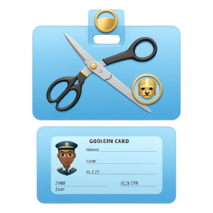 Floating black Scissors cutting in half a light blue idf soldier ID card with golden chip in 2 parts .hyper realistic sticker