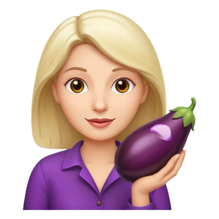 White woman holding an aubergine sticker