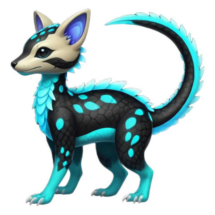 Rare realistic black-scaled neon-glowing bioluminescent edgy badass epic pretty beautiful handsome gorgeous aesthetic colorful vibrant Vernid-Trico-species-Fakemon-creature by LiLaiRa, 4 legs, 1 tail, random markings, (full body) sticker