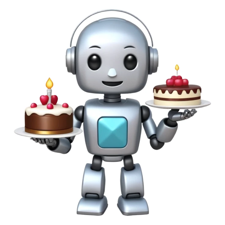 The cute robot is holding dessert in its hands, 3d emoji sticker