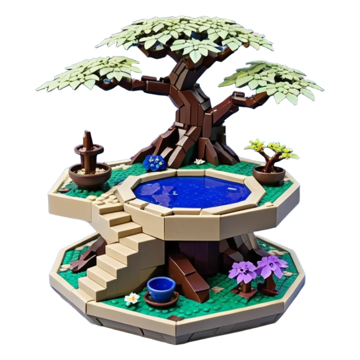 Ancient saucer-castle jungle Lego winding trail mountainside getaway haunted nighttime landscape antique mudman very old broken cracked intricately detailed Stone Age lapis-crusted irregular dodecagon-shaped shallow dark moss rough bark violet flowered maple bonsai Saikei coffee table-sized pot  sticker