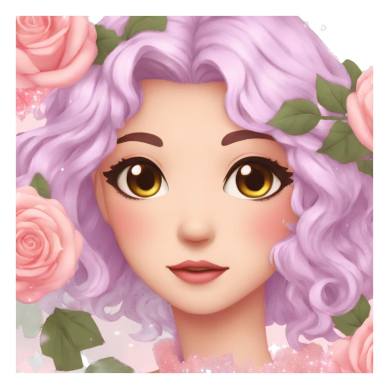 Gorgeous pastel anime style lady with blushing face and roses leaves glitter sparkle aesthetic trending style sticker