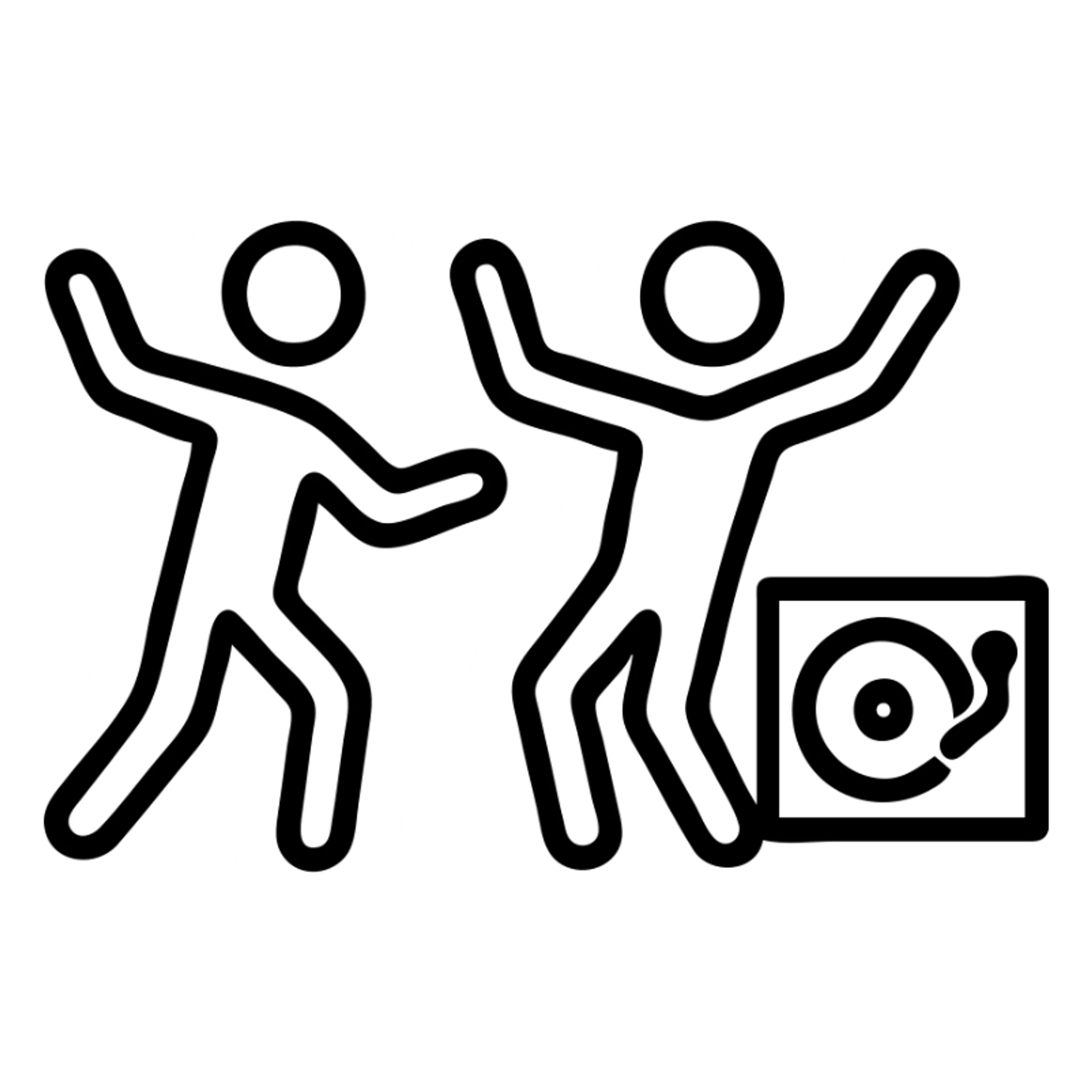 Two minimalist stick figures dancing near a record player, like a warning sign, black and white sticker