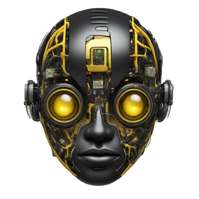 black and yellow cyborg head with circuitry and artificial eyeball sticker