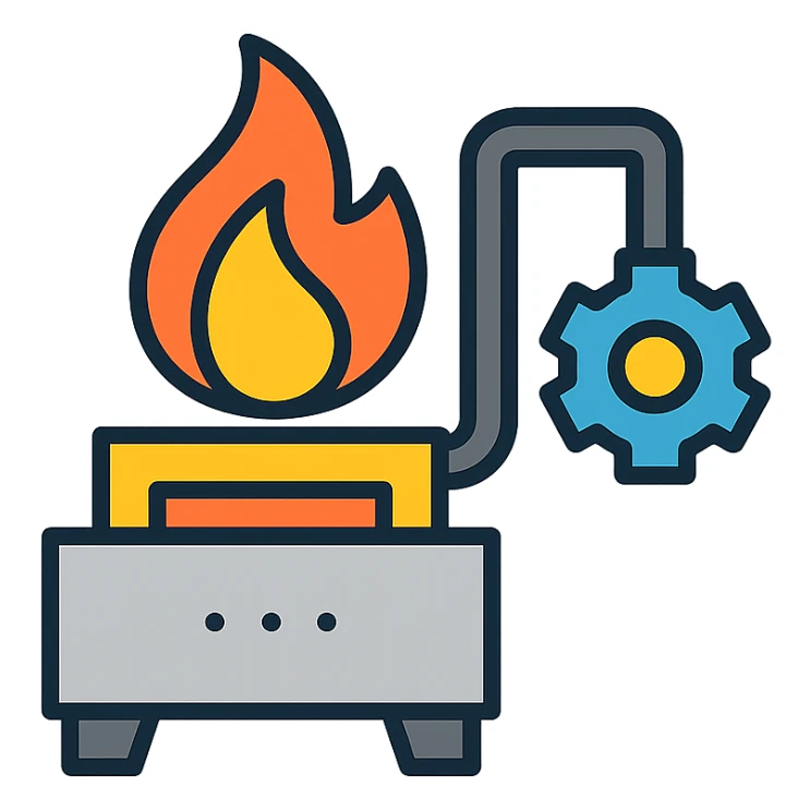 forge engineered industrial flame, color outline icon style, modern, clean, black outlines with color accents sticker