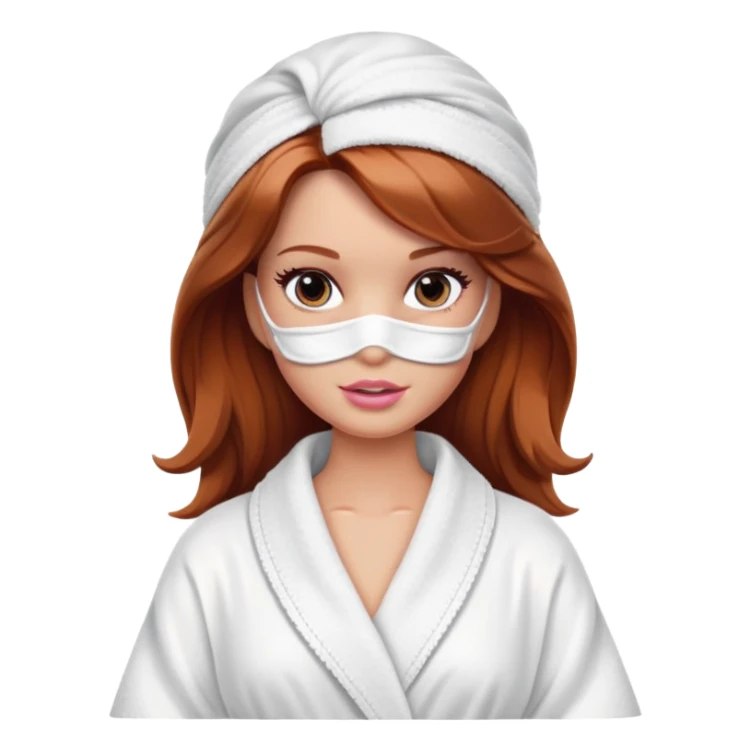 A Barbie face with shoulder-length reddish-brown hair, makeup, a smeared face mask, and a bathrobe. sticker