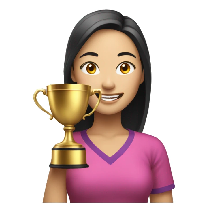 asian happy woman with a gold champion cup sticker