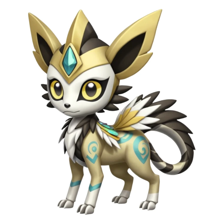 Arrow-patterned chevron-marked Cute Big-eyed anime-styled Colorful Shiny Tribal Skeletal masked armored Meloetta-Silvally-Solgaleo-Raikou-Pokémon-Digimon-Fakémon-fusion-hybrid-creature, full body sticker