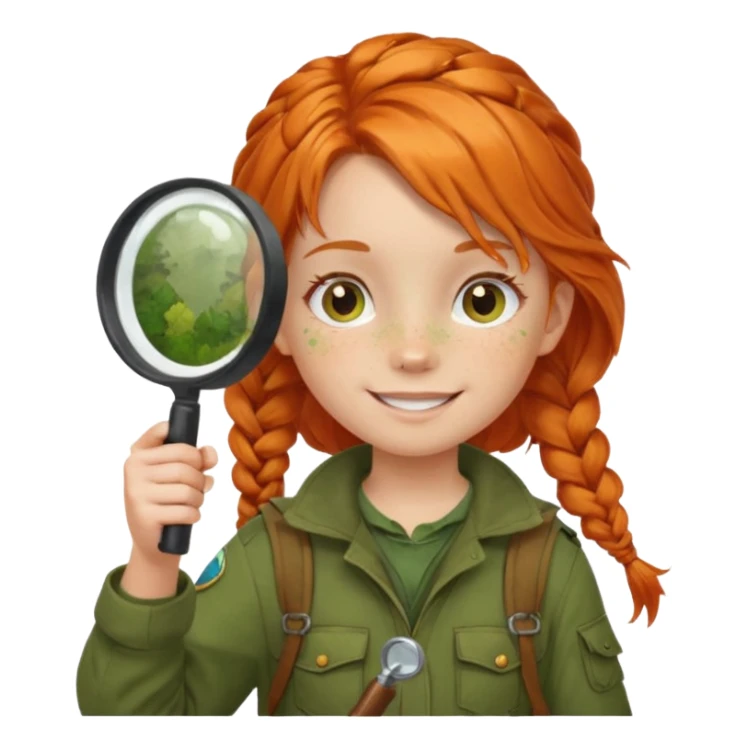 braid orange haired girl kid in moss green explorer outfit, holding magnifying glass, smile sticker