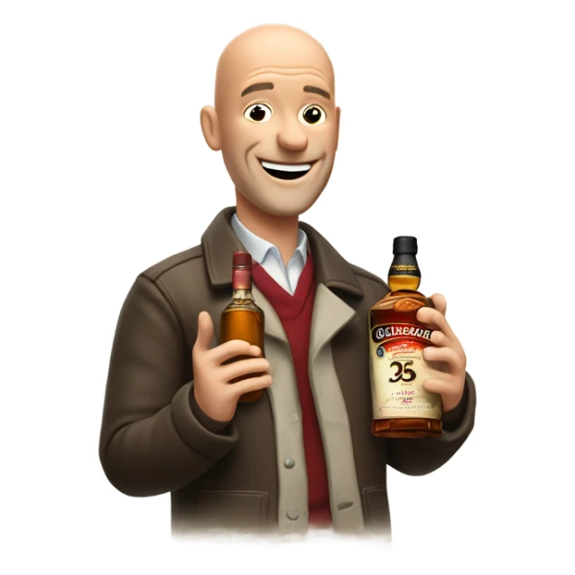 realistic meme of bald man mit jackey with withe bart with Glenfarclas 35yo sticker