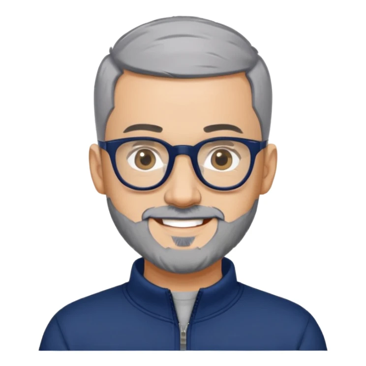 Man with light skin, extremely short black hair (military buzz cut), short peppered gray beard, large black-framed glasses, smiling face, navy blue zip-front sweatshirt with long sleeves sticker