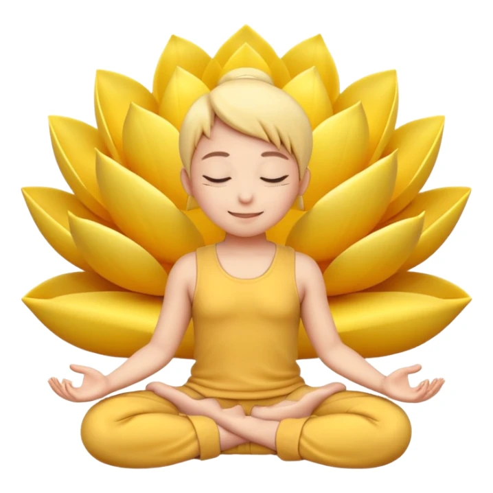 A 3D Apple-style yellow round emoji sitting in a lotus position, eyes gently closed, calm and peaceful smile, hands resting on knees with palms facing upward, relaxed eyebrows, soft glow around the emoji to symbolize inner peace, clean minimal background. sticker