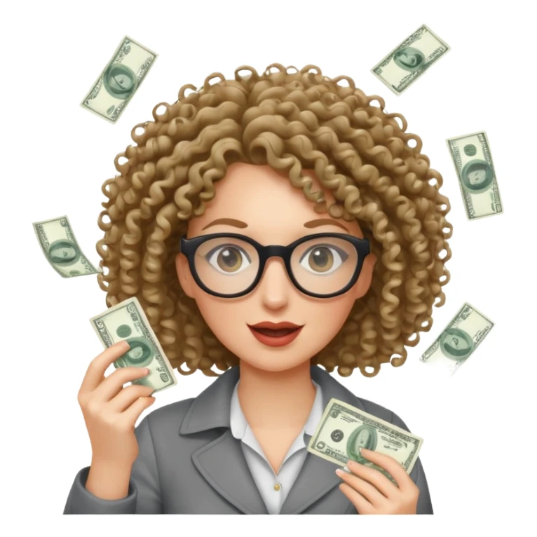 curly haired white woman with glasses tossing dollar bills sticker