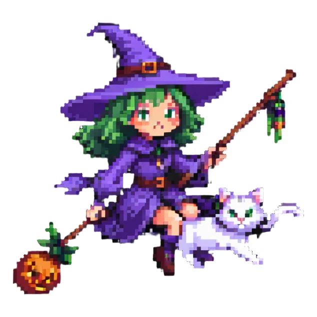 witch on a broomstick with a cat familiar sticker