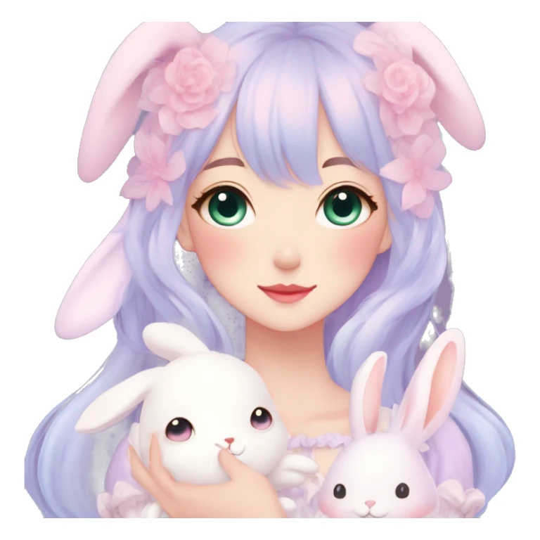 Gorgeous pastel anime style lady with blushing face and holding a bunny cottagecore fairycore pastelcore colorful pearly romantic simplistic aesthetic trending style sticker