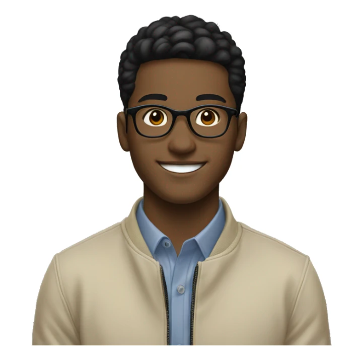 20-year-old young man, smiling, with beige jacket, circular glasses, short black hair sticker