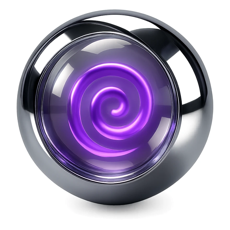 glass-like translucent sphere with a bright purple spiral core, softly glowing, in chrome style sticker