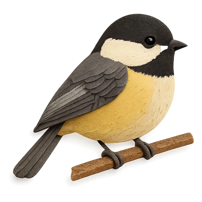 chickadee on a branch, layered paper details, realistic feather patterns, black cap and bib sticker
