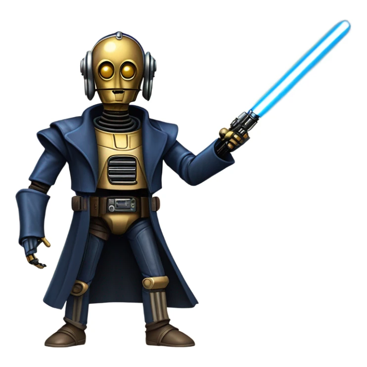 well-equipped jedi first order human-sized darkblue-pearl C3po as a friendly bounty hunter droid wearing a leather attire old west duster coat holding light saber ready to fight but relaxed. antiqued sticker