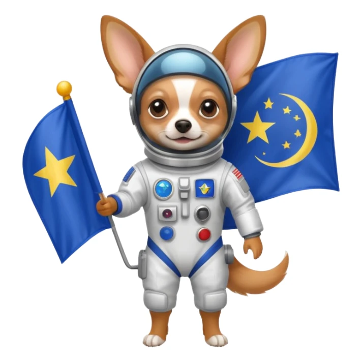 a chihuahua in space suit, holding blue rectangle flag, full body, front view sticker