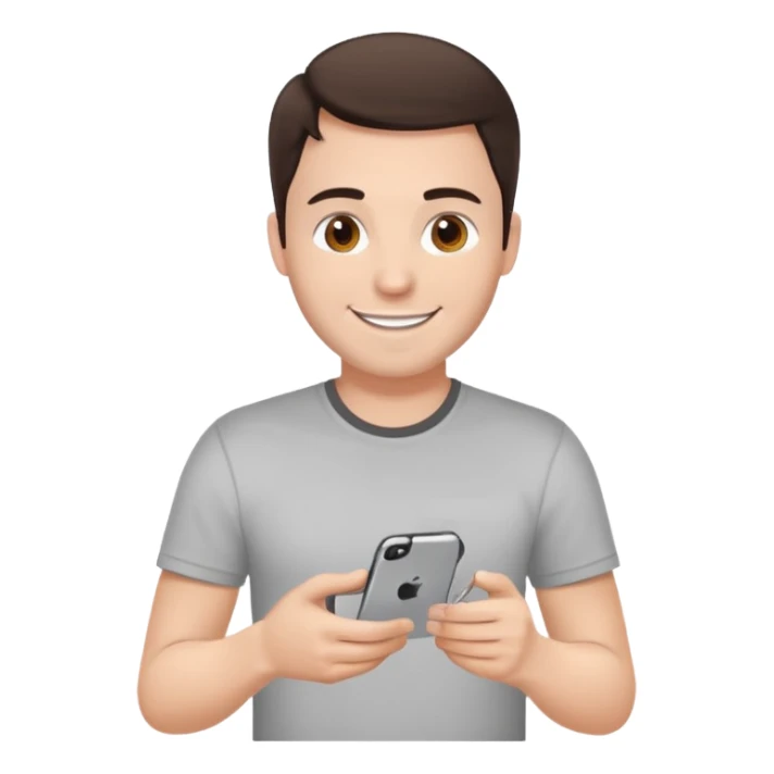 make a white guy with dark brown hair repairing an iphone happy, with a simple white o grey shirt sticker