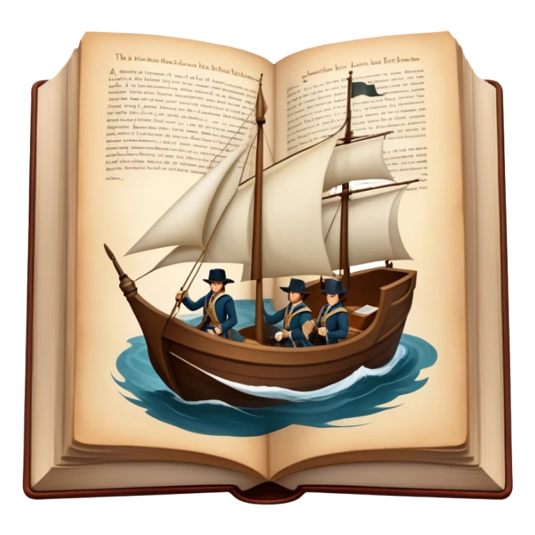 Icon for Reading Fiction: a large open book with pages turning, a sailboat sailing across the pages, Musketeers on horseback, Sherlock Holmes and other literary elements. The icon should evoke the adventurous spirit of storytelling. Transparent background. sticker