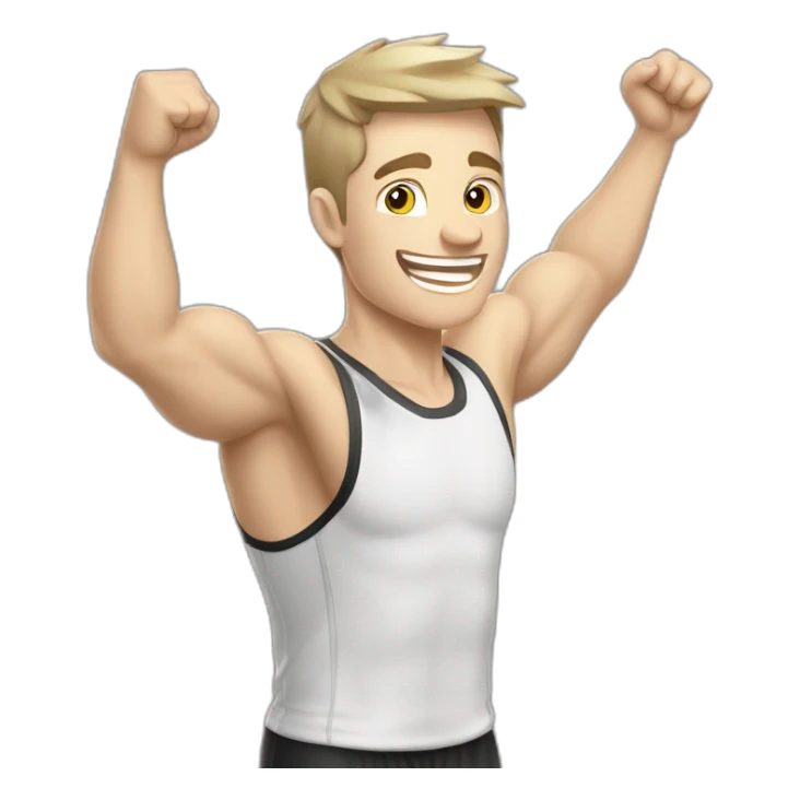 Joyful Celebrating victory Pale skinned Fit Man With the biceps and dark brown hair in black shirt, gray sports shorts and white Sneakers sticker
