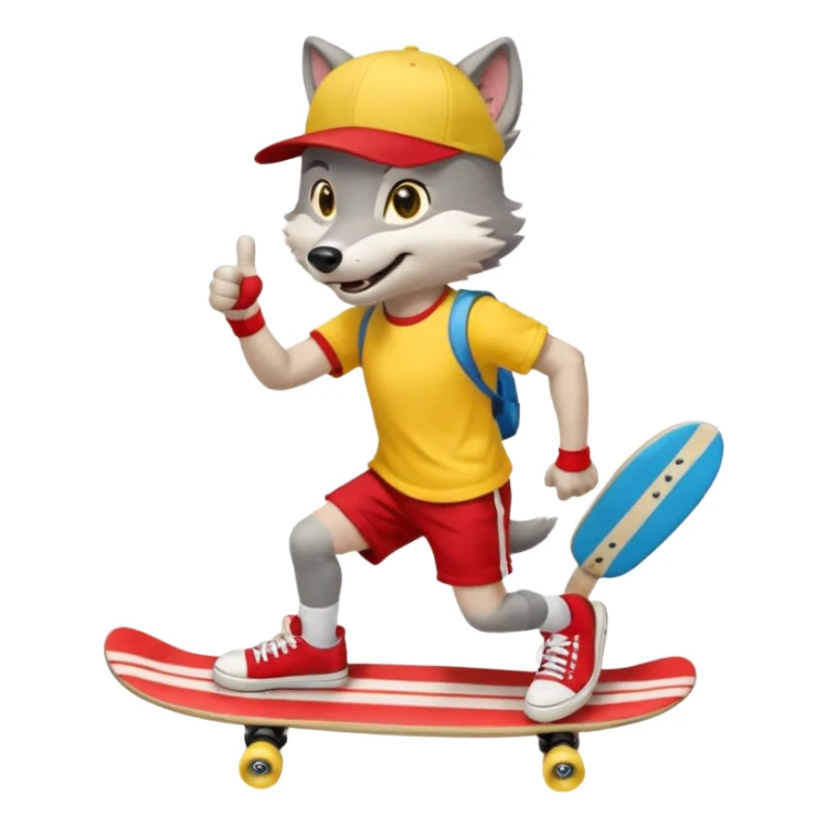 A gray wolf with large, expressive eyes and a friendly smile. The gray wolf is wearing a bright yellow T-shirt, red shorts, white knee socks, and sneakers. The baseball cap is worn backwards. The wolf holds a skateboard in one hand and gives a thumbs-up with the other, a confident and cheerful pose. sticker