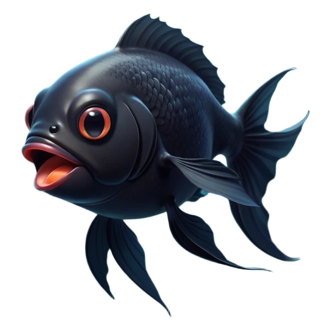 Cinematic Cute Yawning Black Goldfish Portrait Emoji, Head tilted slightly with a dramatic, wide-open yawn, showcasing a smooth, deep black body with elegant, flowing fins, eyes barely open in drowsy contentment, Simplified yet irresistibly adorable features, highly detailed, glowing with a soft, cozy glow, high shine, relaxed yet expressive, stylized with a touch of whimsy, bright and endearing, soft glowing outline, capturing the essence of a sleepy yet affectionate goldfish, so drowsy it feels like it could float out of the screen and curl up for a nap! sticker