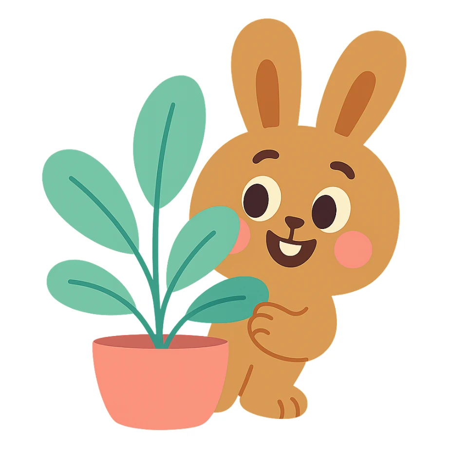 cinnamon bunny peeking behind a plant, pastel-toon style sticker