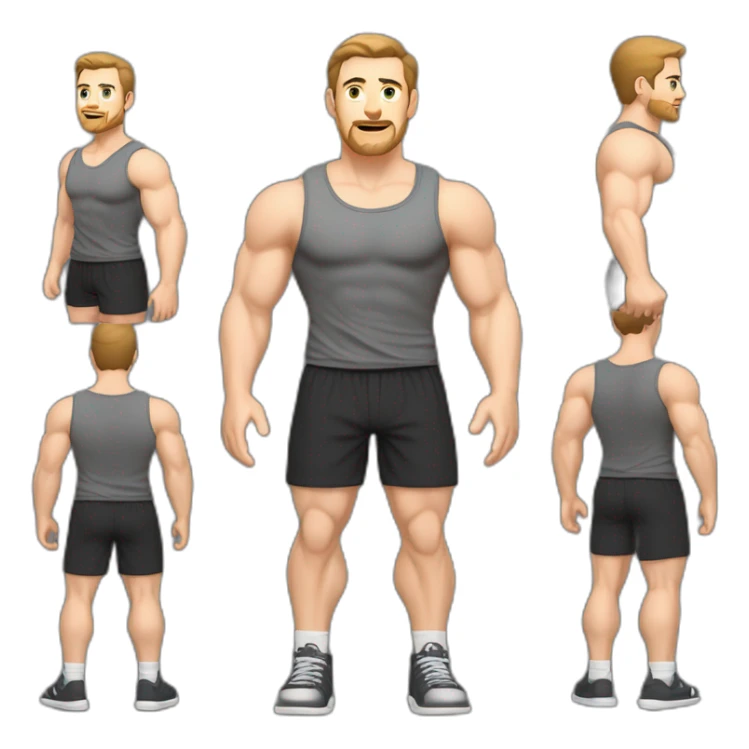 Full height Pale skinned muscular man With Realistic eyes and mouth, light brown hair and stubble In dark gray sleeveless mike, black oversize sports shorts, watch and white sneakers. sticker
