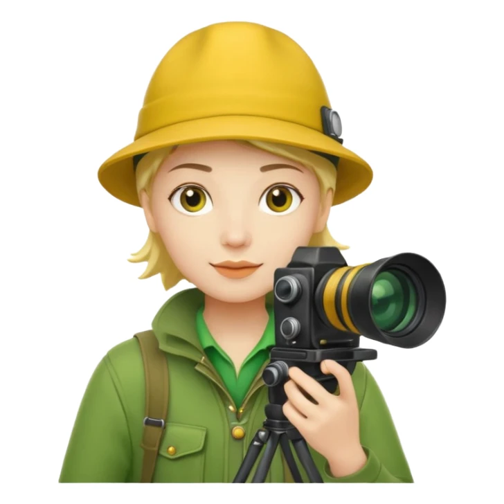 
explorer photographer, green clothes, yellow hat sticker